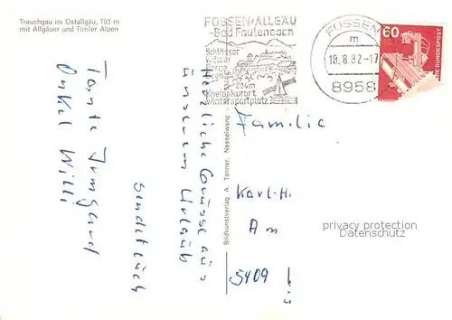 AK / Ansichtskarte Trauchgau Ortsansicht mit Kirche Allgaeuer und Tiroler Alpen Trauchgau