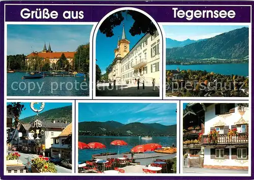 AK / Ansichtskarte Tegernsee Hafen Schloss Alpenpanorama Strassenpartie Terrassencafe Tegernsee