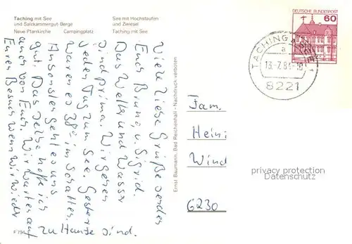 AK / Ansichtskarte Taching_See Panorama Alpen Pfarrkirche Campingplatz Viehweide Kuehe Taching See