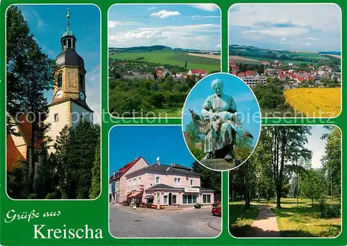 AK / Ansichtskarte Kreischa Kirche Panorama Brunnenfigur Ladengeschaeft Parkanlagen Kreischa