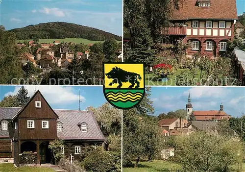 AK / Ansichtskarte Ebersbach_Sachsen Stadtpanorama Fachwerkhaus Ortsmotiv mit Kirche Wappen Ebersbach Sachsen