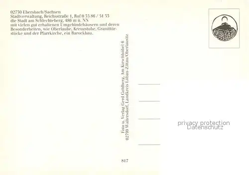 AK / Ansichtskarte Ebersbach_Sachsen Stadtpanorama Fachwerkhaus Ortsmotiv mit Kirche Wappen Ebersbach Sachsen