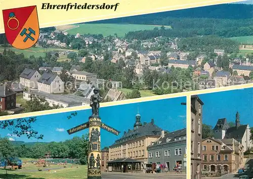 AK / Ansichtskarte Ehrenfriedersdorf_Erzgebirge Fliegeraufnahme Freibad Wegweiser Markt Rathaus Stadtkirche St Nikolai Ehrenfriedersdorf