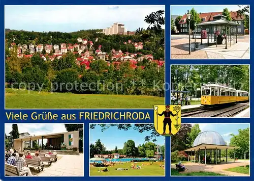 AK / Ansichtskarte Friedrichroda Blick vom Philosophenweg Freilichtbuehne Kurpark Schwimmbad Trinkpavillon Thueringerwaldbahn Kirchplatz Friedrichroda