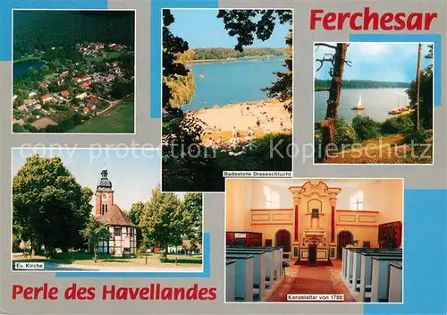 AK / Ansichtskarte Ferchesar Fliegeraufnahme Badestelle Draseschlucht Kirche Kanzelaltar 18. Jhdt. Ferchesar