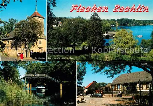 AK / Ansichtskarte Flecken_Zechlin Kirche Schwarzer See Kanal Bruecke Markt Flecken_Zechlin