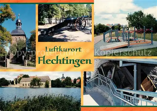 AK / Ansichtskarte Flechtingen Kirche Kanonenplatz Spielplatz Wasserschloss Wassermuehle Wasserrad Flechtingen