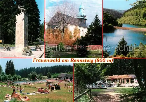 AK / Ansichtskarte Frauenwald_Thueringen Denkmal Kirche Naturpark Thueringer Wald Rennsteig Talsperre Freibad Gaststaette Frauenwald Thueringen