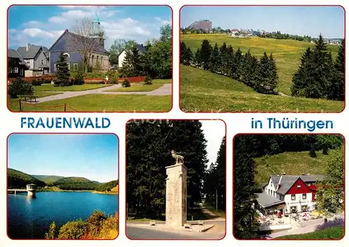 AK / Ansichtskarte Frauenwald_Thueringen Panorama Kirche Talsperre Schoenbrunn Monument Bohrstuhl Gaststaette Fraubachmuehle Frauenwald Thueringen