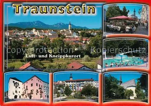 AK / Ansichtskarte Traunstein_Oberbayern Gesamtansicht mit Alpenpanorama Kirche Kurhaeuser Strassencafe Traunstein_Oberbayern