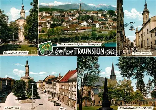 AK / Ansichtskarte Traunstein_Oberbayern St Oswald Kirche Stadtpanorama Alpen Strassenmotiv Stadtplatz Kriegergedaechtniskirche Traunstein_Oberbayern