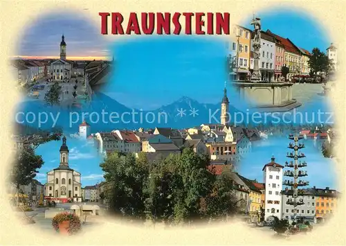 AK / Ansichtskarte Traunstein_Oberbayern Stadtplatz Kirche Brunnen Innenstadt Maibaum Stadtpanorama Alpen Traunstein_Oberbayern