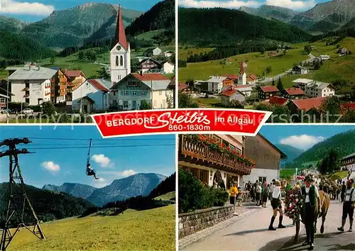 AK / Ansichtskarte Steibis Ortsmotiv mit Kirche Landschaftspanorama Alpen Sessellift Almabtrieb Kuehe Steibis