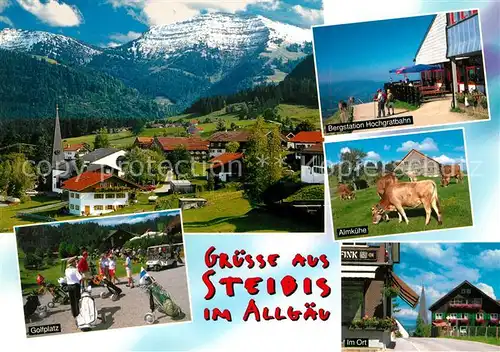 AK / Ansichtskarte Steibis Ortsansicht mit Kirche Alpenpanorama Bergstation Hochgratbahn Almkuehe Golfplatz Steibis