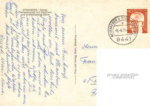 AK / Ansichtskarte Straubing Theresienplatz Stadtturm Dreifaltigkeitssaeule Straubing