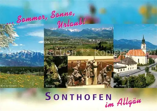 AK / Ansichtskarte Sonthofen_Oberallgaeu Landschaftspanorama mit Gruenten Wasserfall Stadtbrunnen Kirche St. Michael Sonthofen Oberallgaeu