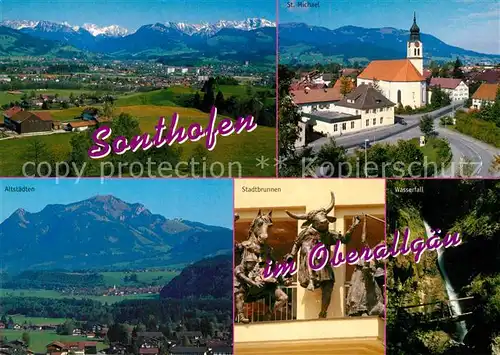 AK / Ansichtskarte Sonthofen_Oberallgaeu Panorama Alpen St Michael Kirche Wasserfall Stadtbrunnen Altstaedten Sonthofen Oberallgaeu