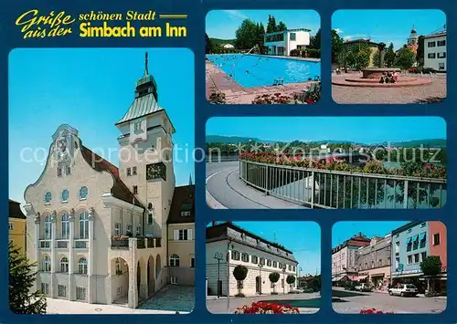 AK / Ansichtskarte Simbach_Inn Kirche Freibad Brunnen Inn Bruecke Innenstadt Simbach Inn