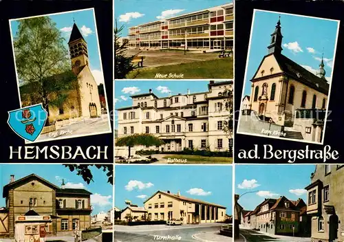 AK / Ansichtskarte Hemsbach_Bergstrasse Rathaus Evangelische Katholische Kirche Turnhalle Hemsbach_Bergstrasse