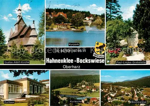 AK / Ansichtskarte Hahnenklee Bockswiese_Harz Gustav Adolf Kirche Kurpark Teich Paul Lincke Grabstaette Kurhaus Landschaftspanorama Hahnenklee Bockswiese