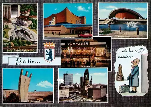 AK / Ansichtskarte Berlin Stadtautobahn Philharmonie Kongresshalle Luftbrueckendenkmal Gedaechtniskirche Europa Center Karikatur Berlin