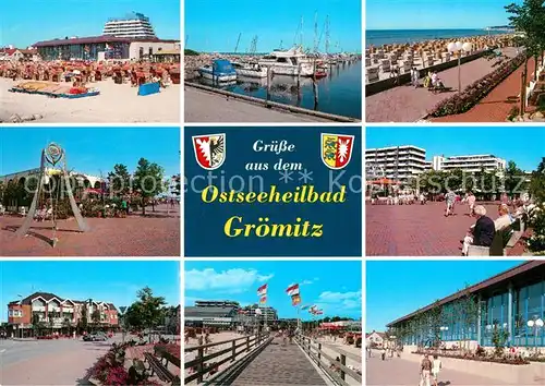 AK / Ansichtskarte Groemitz_Ostseebad Strand Restaurant Yachthafen Promenade Kurhaeuser Seebruecke Groemitz_Ostseebad