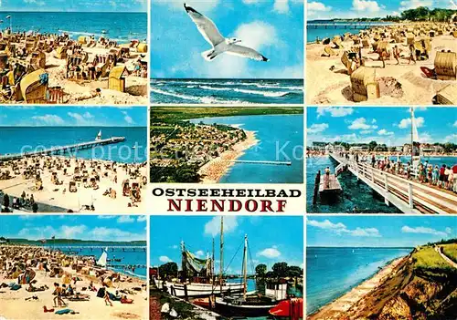 AK / Ansichtskarte Niendorf_Ostseebad Strand Seebruecke Fischerhafen Moewe Steilkueste Fliegeraufnahme Niendorf_Ostseebad