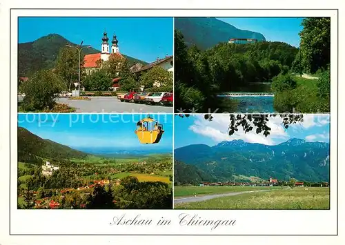 AK / Ansichtskarte Aschau_Chiemgau Ortsmotiv mit Kirche Kabinenseilbahn Landschaftspanorama Partie am Fluss Aschau Chiemgau