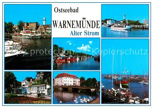 AK / Ansichtskarte Warnemuende_Ostseebad Alter Strom Hafen Promenade Fahrgastschiff Fischkutter Warnemuende_Ostseebad