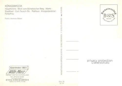 AK / Ansichtskarte Koenigsbrueck Kirche Panorama Markt Stadtbad Curt Tausch Strasse Rathaus Kriegerdenkmal Ferkelfrau Statue Koenigsbrueck