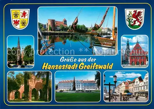 AK / Ansichtskarte Greifswald Hafen Rathaus Kirche Ruine Landesmuseum Innenstadt Wappen Greifswald