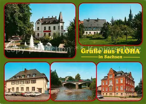 AK / Ansichtskarte Floeha Wasserspiele Fachwerk Partie am Fluss Bruecke Postamt Rathaus Floeha