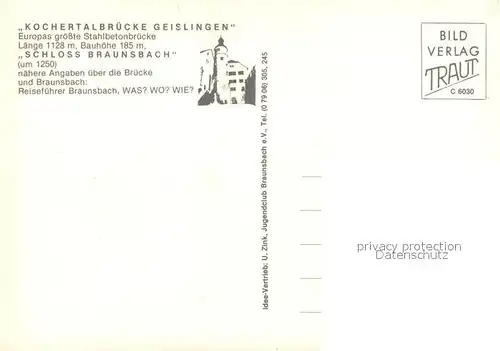 AK / Ansichtskarte Geislingen_Kocher Kochertalbruecke Schloss Braunsbach Geislingen Kocher