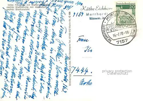 AK / Ansichtskarte Murrhardt Feuersee mit Walterichskapelle Stadtkirche mit Hexenturm Stadtansicht Murrhardt