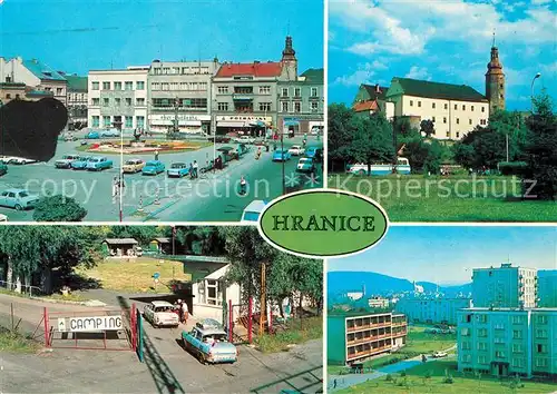 AK / Ansichtskarte Hranice_nad_Morave Rathaus Schloss Camping Hochhaeuser Hranice_nad_Morave