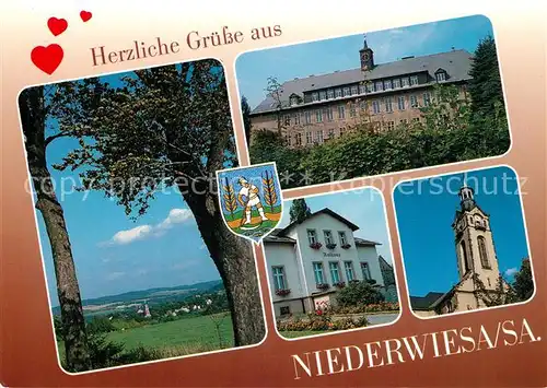 AK / Ansichtskarte Niederwiesa Panorama Oberschule Rathaus Kirche Wappen Niederwiesa