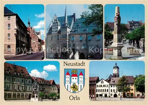 AK / Ansichtskarte Neustadt_Orla Ortsmotive Innenstadt Rathaus Postsaeule Wappen Neustadt_Orla