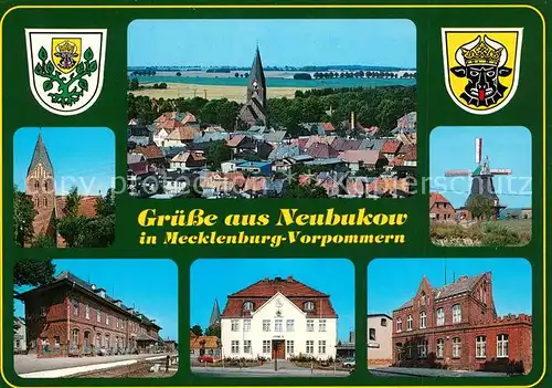 AK / Ansichtskarte Neubukow Ortsmotiv mit Kirche Windmuehle Bahnhof Rathaus Wappen Neubukow