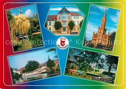 AK / Ansichtskarte Fuerstenberg_Havel Partie an der Havel Rathaus Stadtkirche Stadtpark Yachthafen Fahrgastschiff Havelland Fuerstenberg_Havel