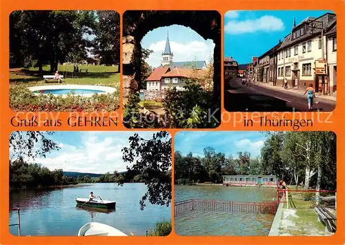 AK / Ansichtskarte Gehren_Thueringen Springbrunnen Parkanlagen Blick zur Kirche Innenstadt See Freibad Gehren Thueringen