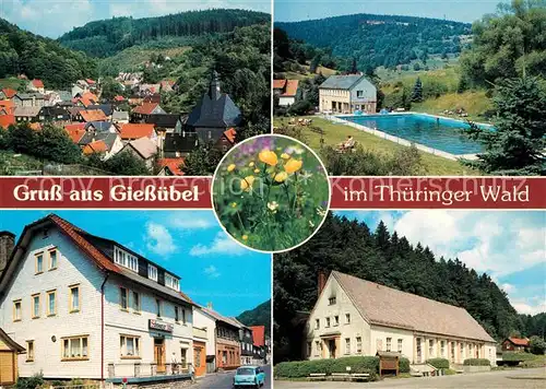 AK / Ansichtskarte Giessuebel_Schleusegrund Panorama Freibad Hotel Gaststaette Blumen Natur Giessuebel_Schleusegrund