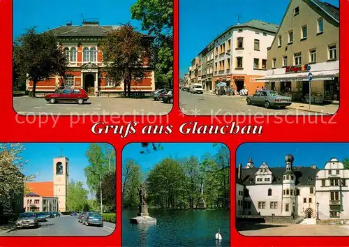 AK / Ansichtskarte Glauchau Berufliches Schulzentrum Leipziger Strasse Kirche St Marien Gruendelteich Schloss Hinterglauchau Glauchau