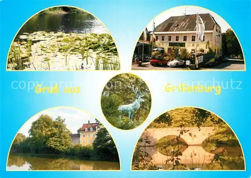 AK / Ansichtskarte Grillenburg Jagdschloss Bogenbruecke Waldhof zu Grillenburg Gaststaette Teich Seerosen Hirschskulptur Steinbruecke Grillenburg