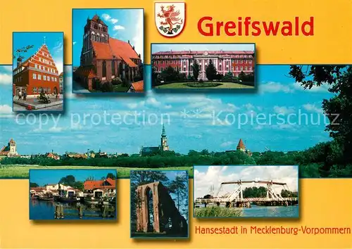 AK / Ansichtskarte Greifswald Rathaus Kirche Gebaeude Klappbruecke Klosterruine Eldena Hafen Greifswald