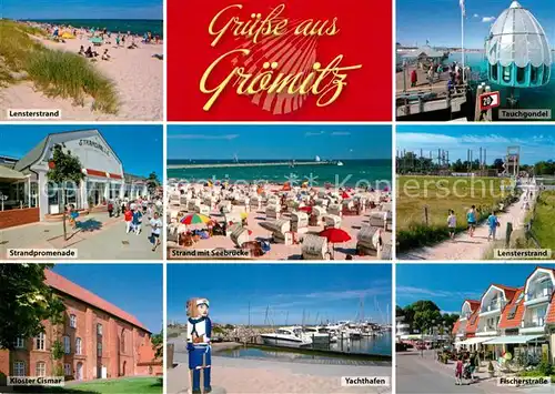 AK / Ansichtskarte Groemitz_Ostseebad Strand Promenade Seebruecke Kloster Cismar Yachthafen Tauchgondel Fischerstrasse Groemitz_Ostseebad