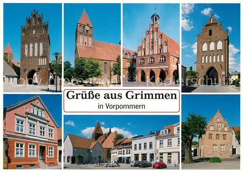 AK / Ansichtskarte Grimmen Muehlentor Kirche Rathaus Greifswalder Tor Muehlenstrasse Markt Alte Schule Grimmen
