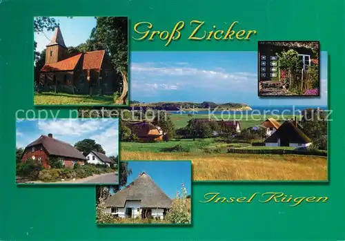 AK / Ansichtskarte Gross_Zicker_Gager Kirche Reetdachhaeuser Landschaftspanorama Gross_Zicker_Gager