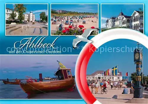 AK / Ansichtskarte Ahlbeck_Ostseebad Wasserspiele Strand Kurhaus Standuhr Promenade Rettungsring Fischkutter Ahlbeck_Ostseebad