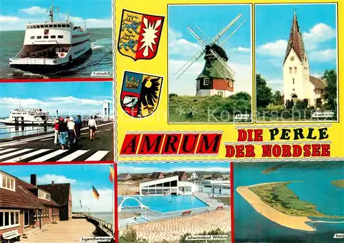 AK / Ansichtskarte Amrum Faehrschiff Windmuehle Inselkirche Jugendherberge Freibad Wittduen Fliegeraufnahme Wappen Amrum