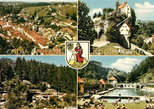 AK / Ansichtskarte Pottenstein_Oberfranken Gesamtansicht Burg Eingang Teufelshoehle Waldschwimmbad Wappen Pottenstein_Oberfranken